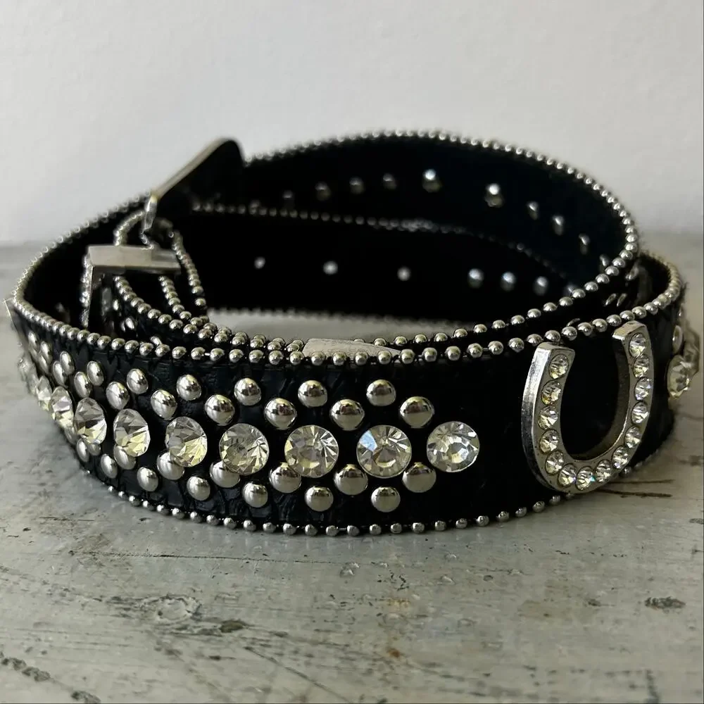 Vintage Rhinestone Studded Leather Bling Western Glam Statement Belt Y2K 34 - 36